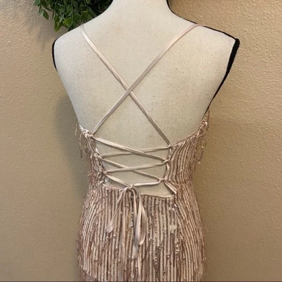 Endless Festivities Rose Gold Sequin Fringe Lace-Up Maxi Dress - Picture 11 of 15
